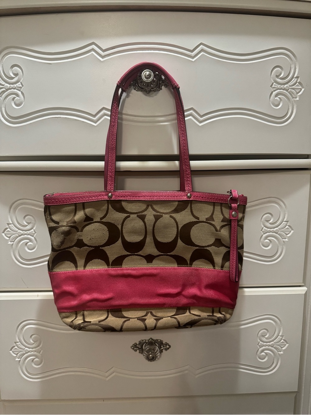 Coach Brown Signature Canvas Tote with Pink Leather Trim